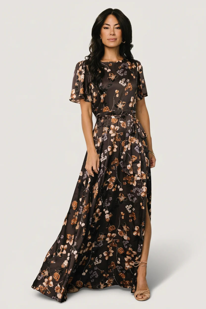 Agnes Satin Maxi Dress, Brown Floral, Lined