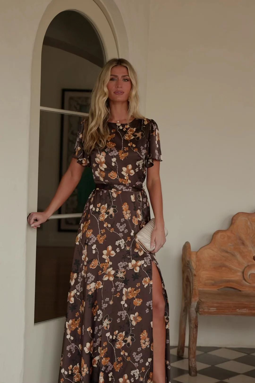 Agnes Satin Maxi Dress, Brown Floral, Lined
