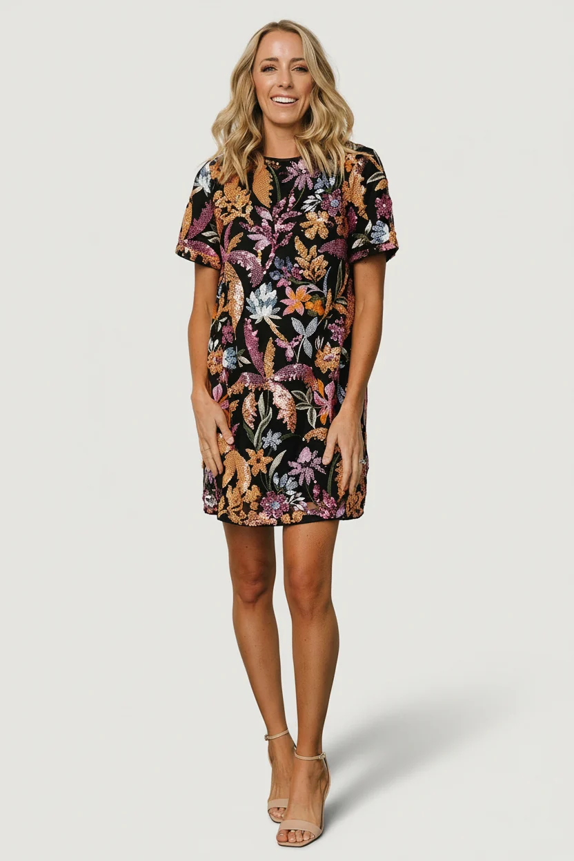 Patricia Sequin Short Dress — Black Embroidery