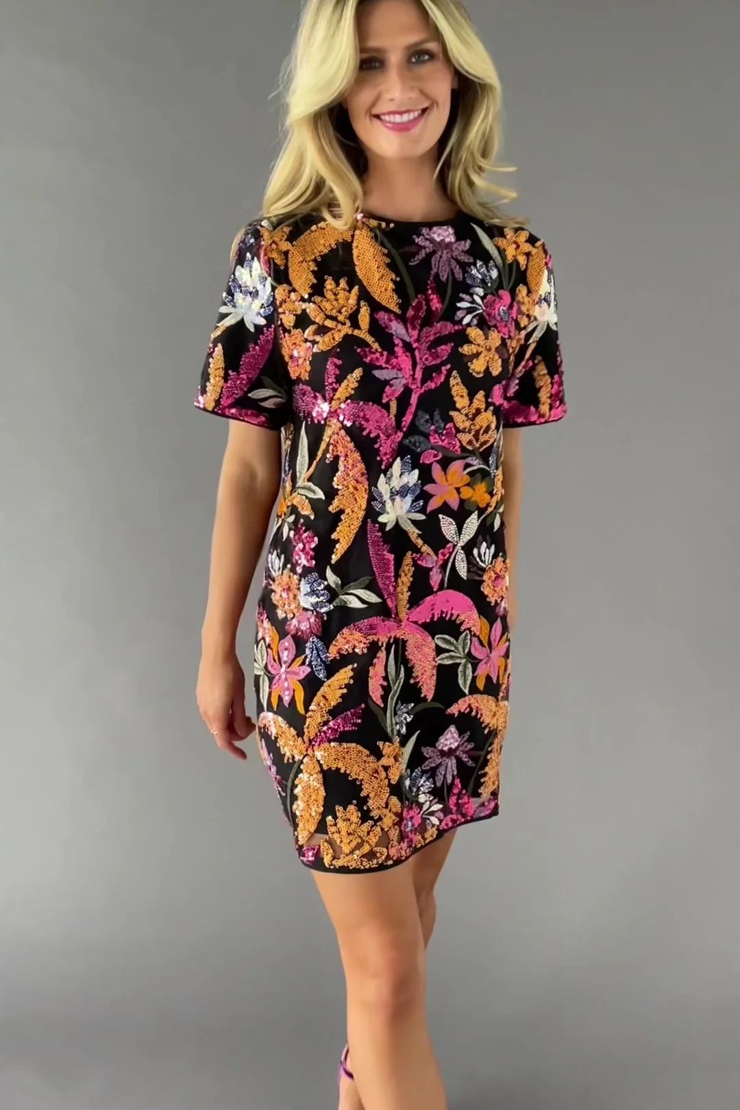 Patricia Sequin Short Dress — Black Embroidery