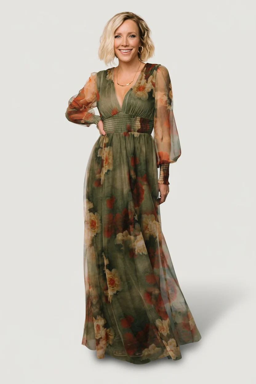 Layla Tulle Maxi Dress - Olive + Rust Floral