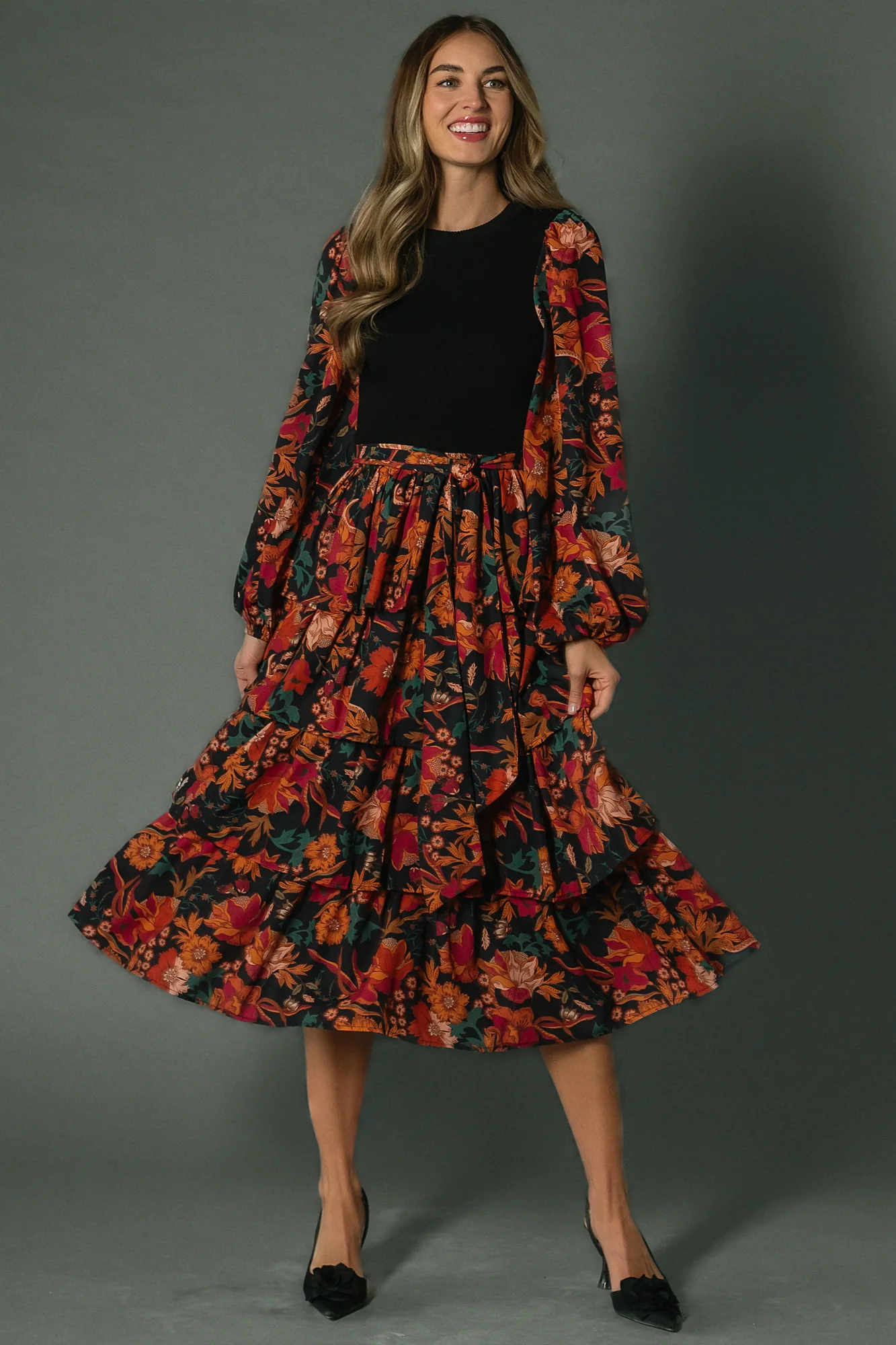 Sylvie Tiered Midi Dress - Black Multi Floral