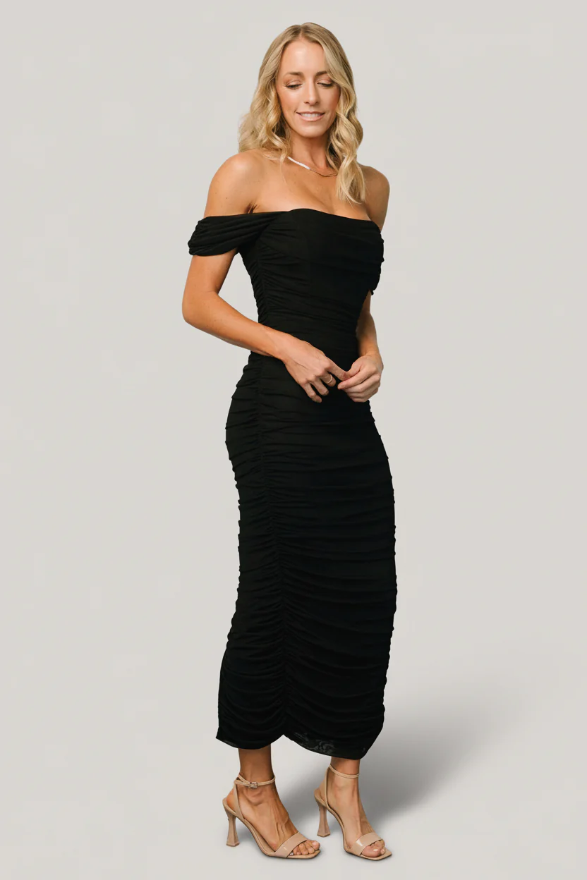 Alessandra Mesh Midi Dress - Black Bodycon