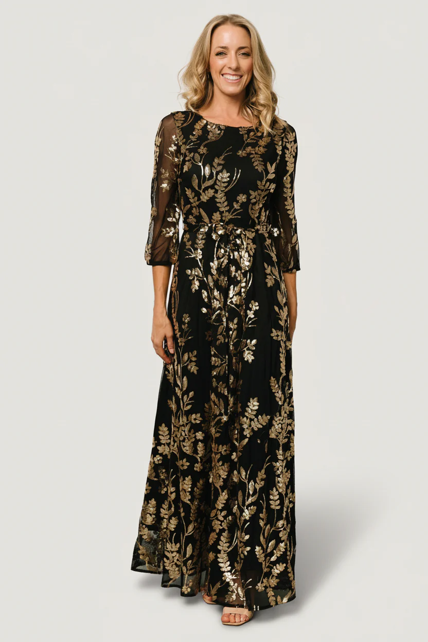 Destiny Sequin Maxi Dress – Black & Gold