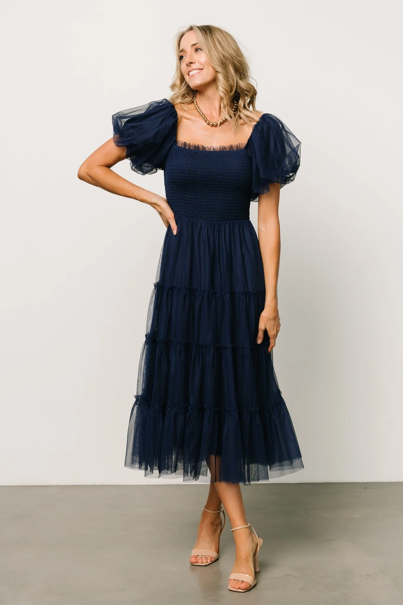 Liv Tulle Midi Dress — Navy Smocked Ruffle