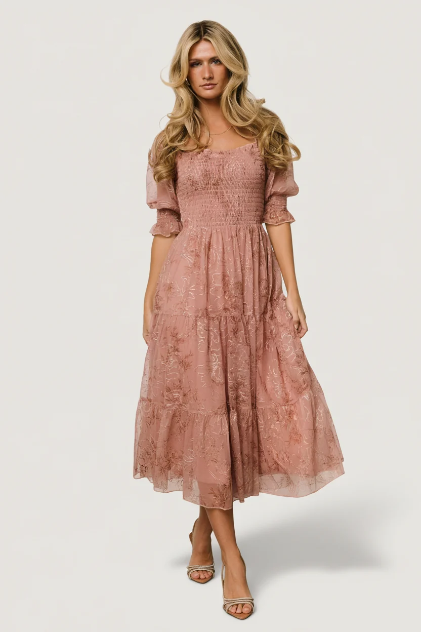 Fabian Jacquard Midi Dress — Mauve & Gold