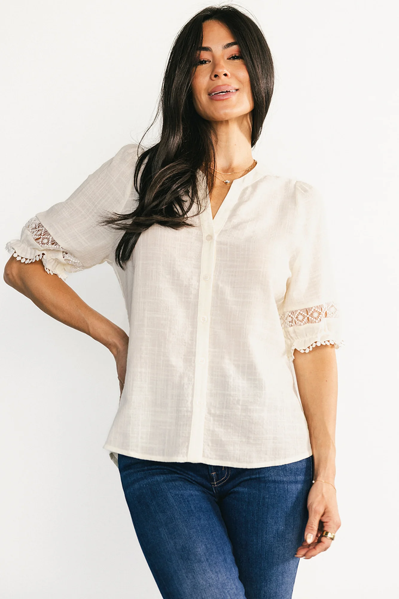 Alba Button Up Top — Ivory Cotton-Viscose