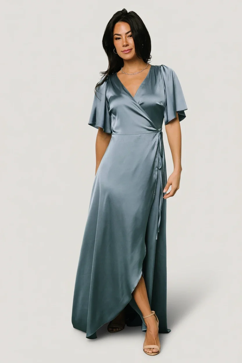 Vara Satin Maxi Wrap Dress - Dusty Blue