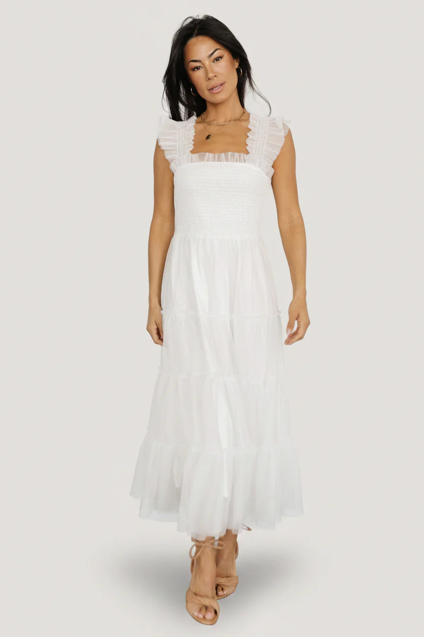 Emma Smocked Tulle Midi Dress - Off-White