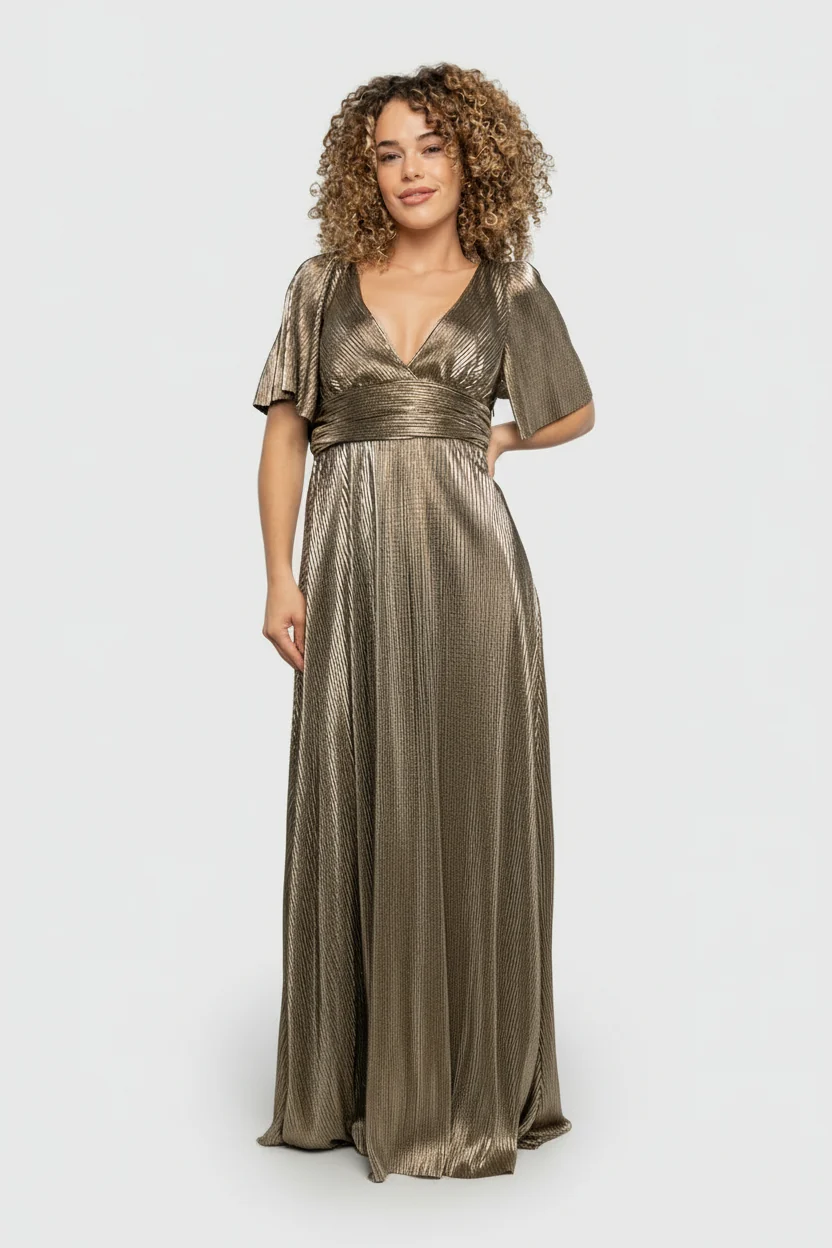 Venetian Pleated Satin Maxi Gown in Gold