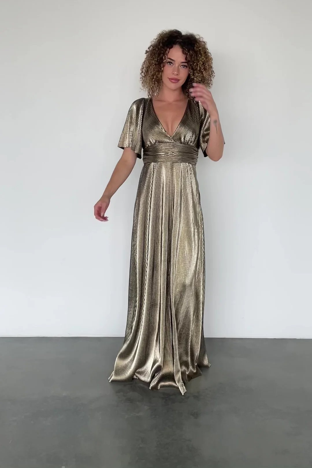 Venetian Pleated Satin Maxi Gown in Gold