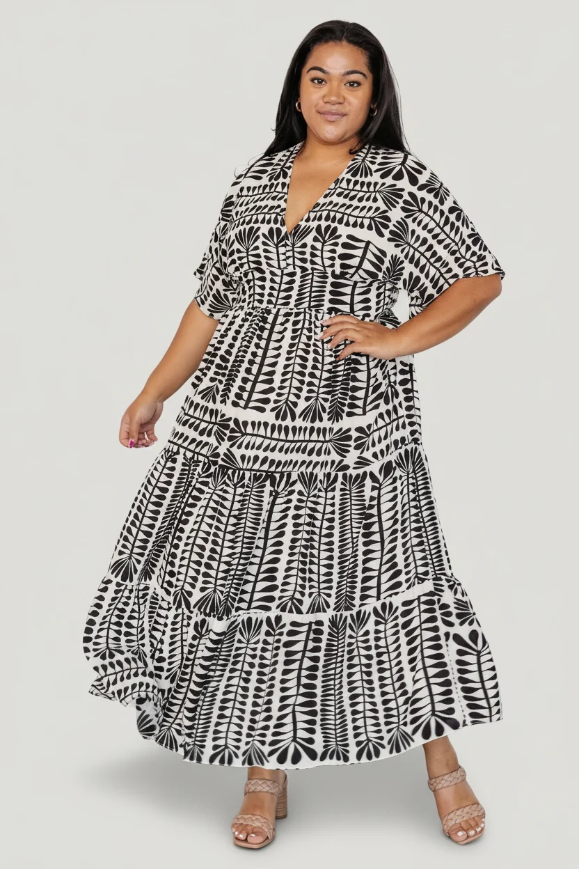 Austin Kimono Dress — Black Print Midi