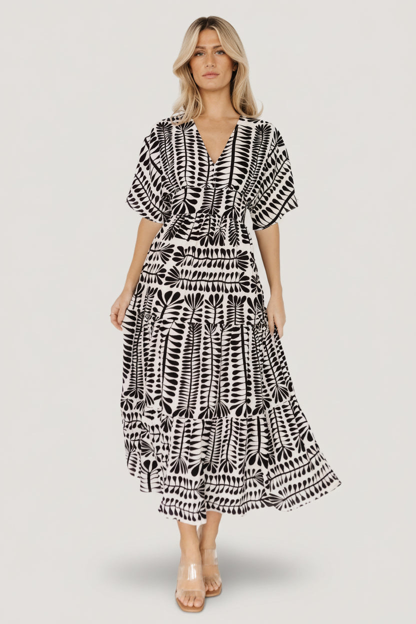 Austin Kimono Dress — Black Print Midi