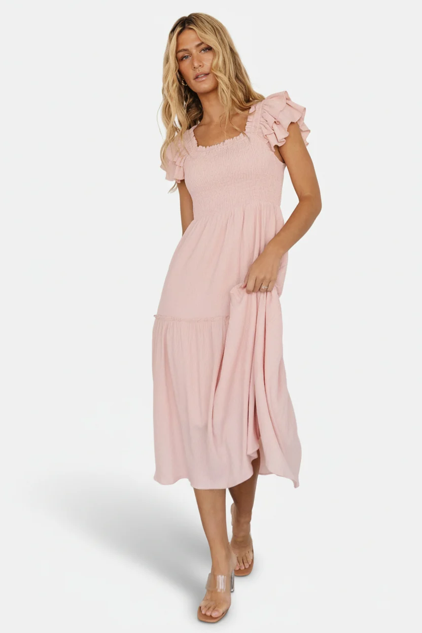 Jacie Smocked Midi Dress — Blush Ruffle Midi