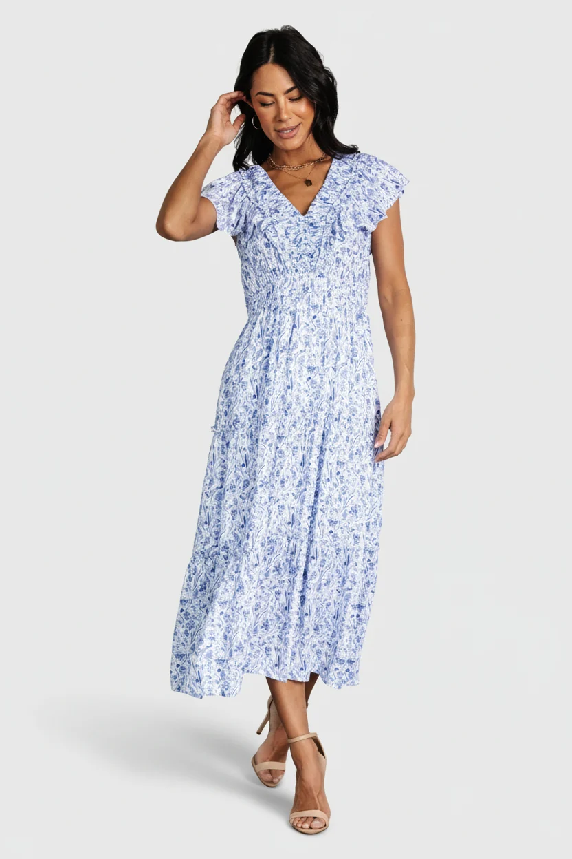 Crete Midi Dress — Blue & White Floral Midi