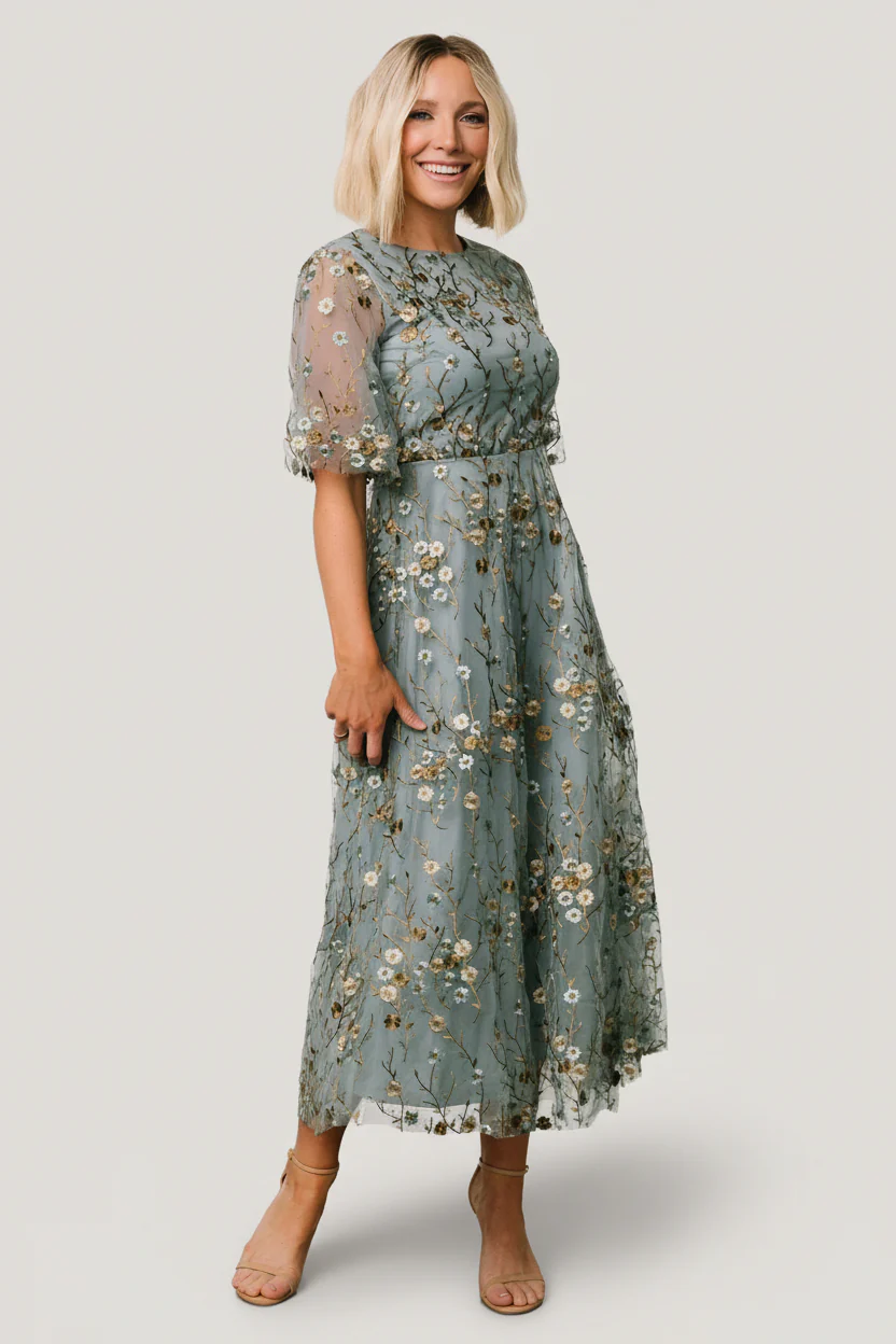 Arabella Tulle Maxi Dress — Dusty Blue Floral
