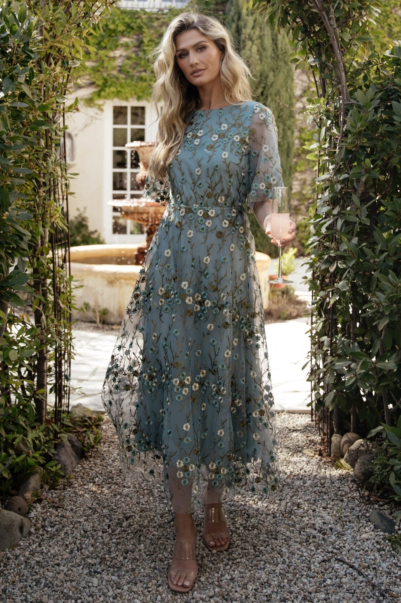 Arabella Tulle Maxi Dress — Dusty Blue Floral