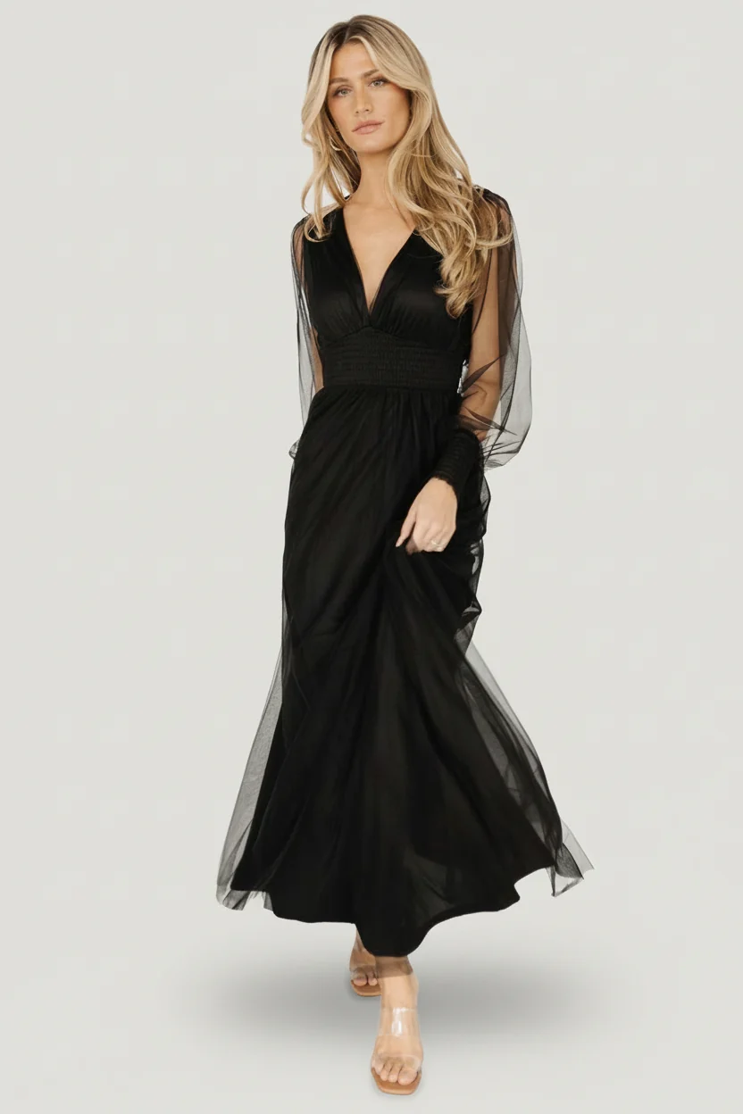 Layla Tulle Maxi Dress — Black V-Neck Gown