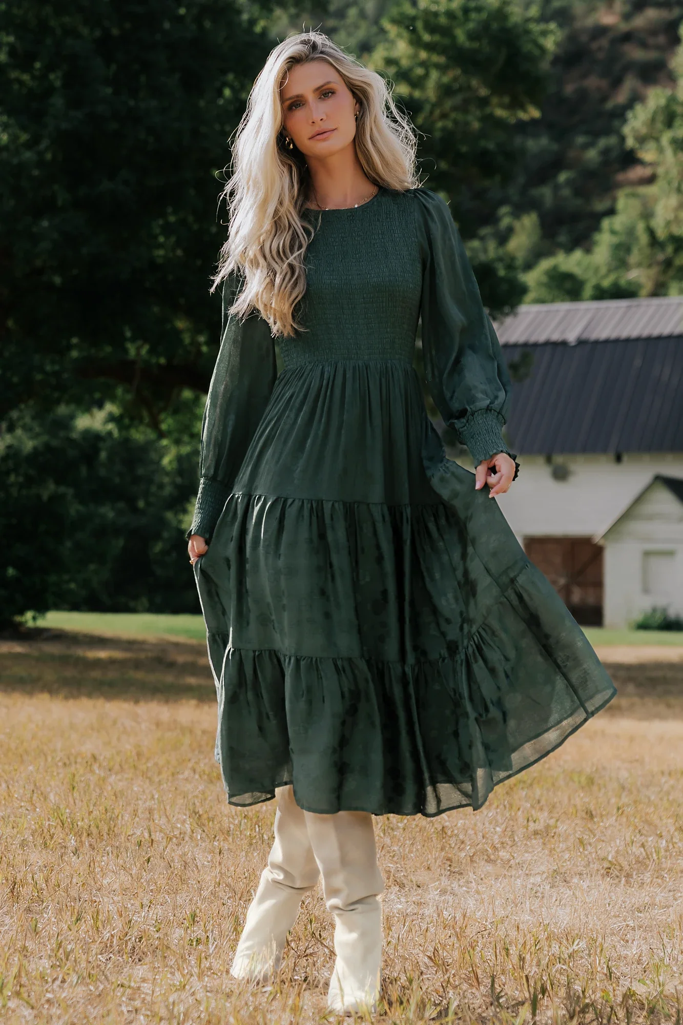 Stockholm Smocked Dress, Dark Green Midi