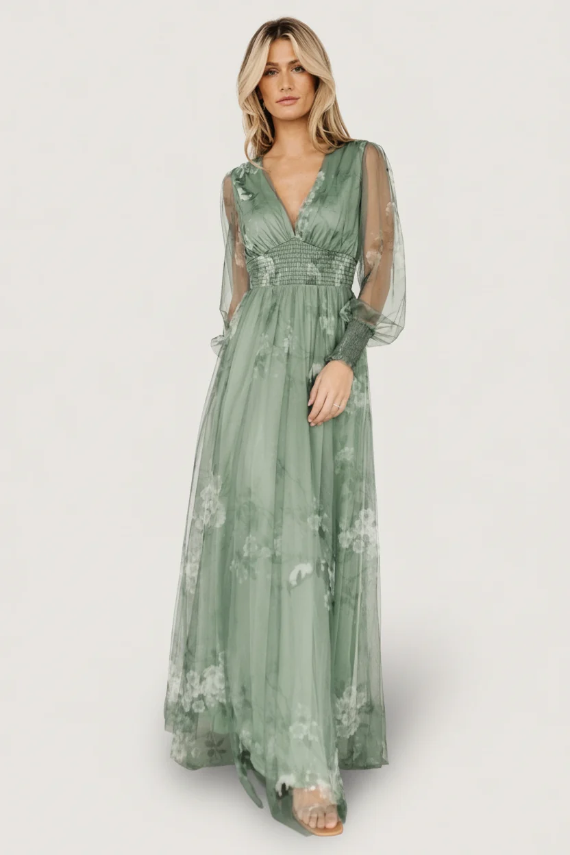 Layla Tulle Maxi Dress - Dusty Green Floral