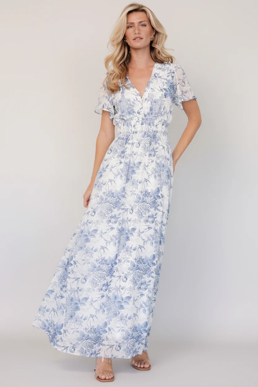 Birdie Maxi Dress — Off White Blue Floral Maxi