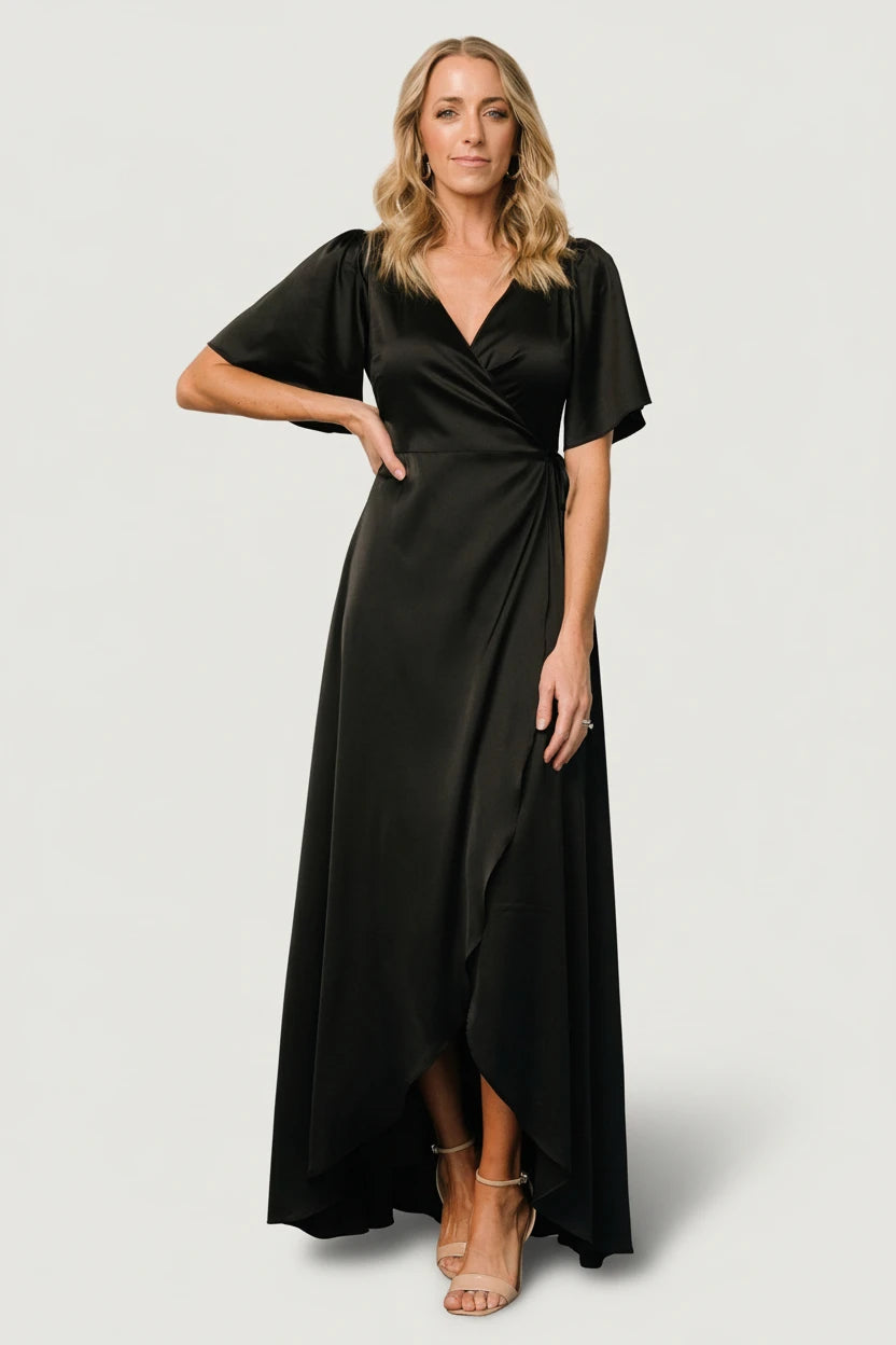 Vara Satin Maxi Wrap Dress — Black Satin Maxi