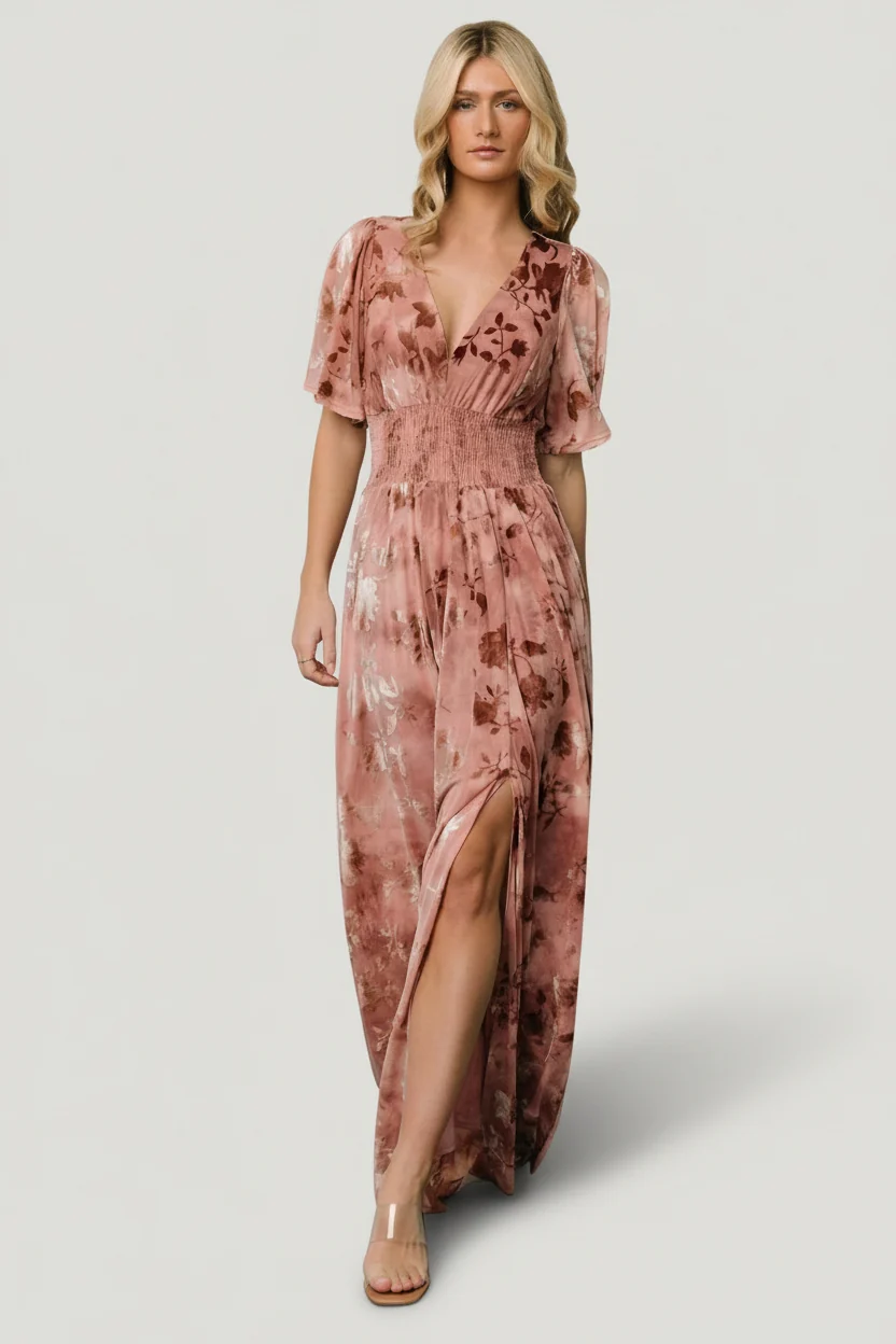 Veronica Velvet Maxi Dress, Blush Embossed