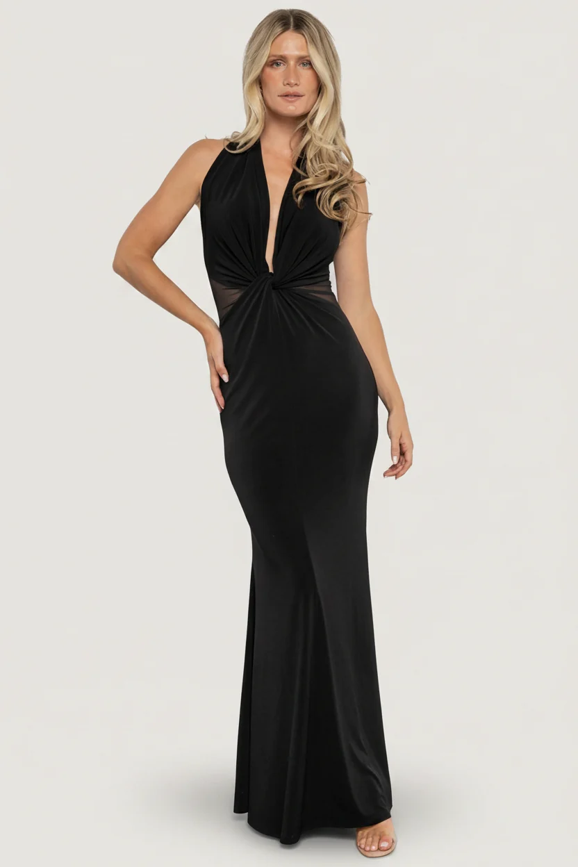 Roma Deep V Halter Gown - Black Maxi Dress