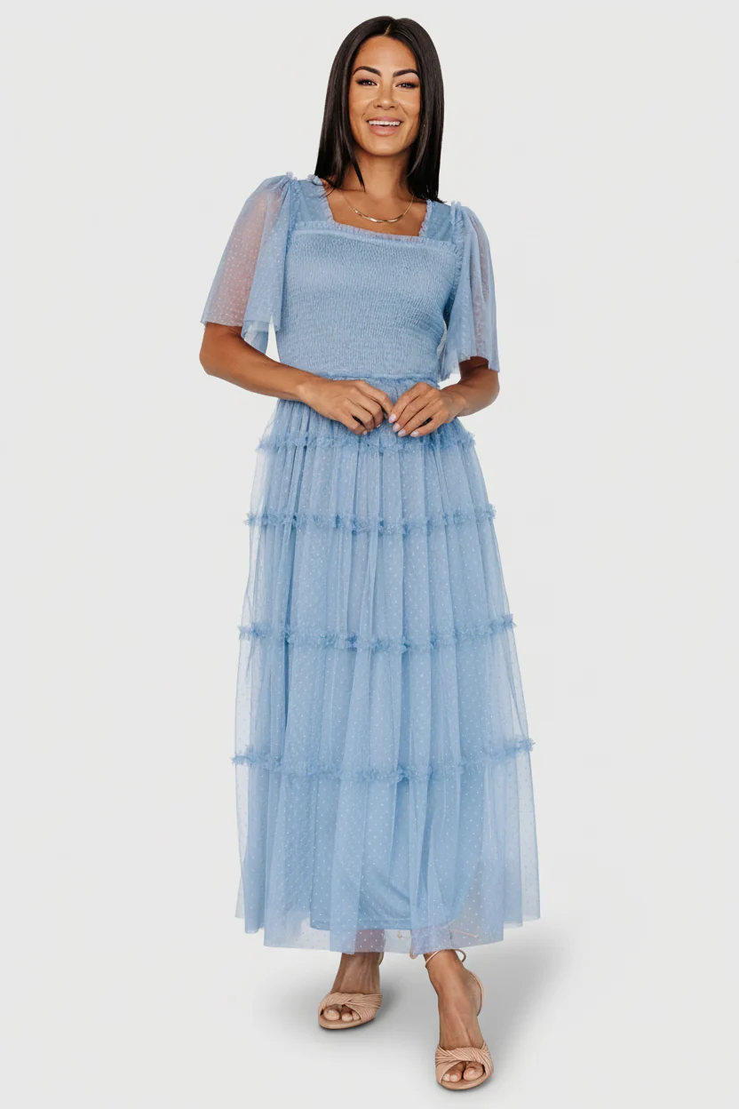 Bexley Tulle Midi Dress — Dusty Blue Ruffles