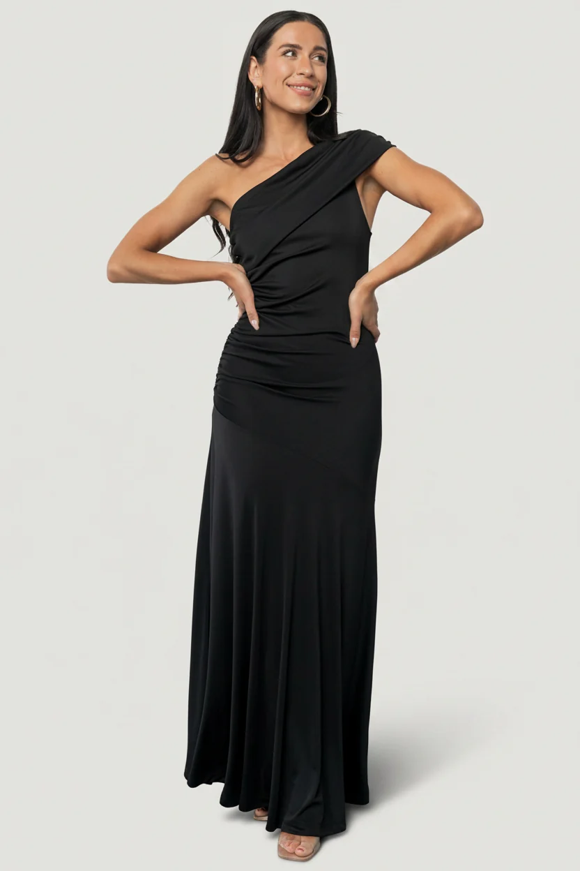 Leon One-Shoulder Maxi Gown — Black Evening