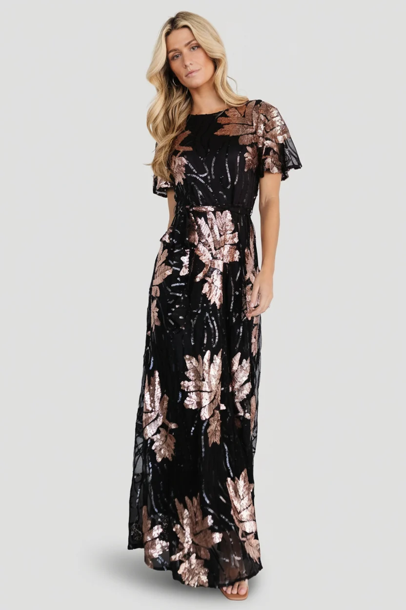 Muse Sequin Maxi Dress — Black & Rose Gold