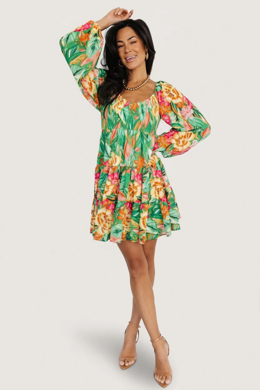 Acapulco Smocked Short Dress — Green Multi
