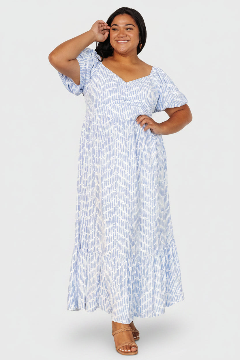 Durban Maxi Dress — Dusty Blue Geometric Print