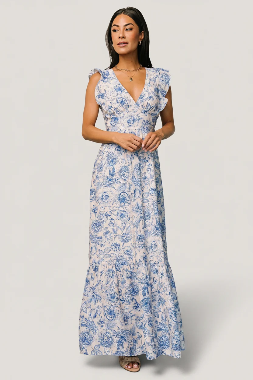 Hampton Maxi Dress — Blue Floral Tie-Back Maxi
