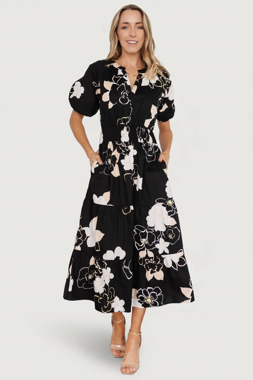 Hacienda Tiered Midi Dress - Black Multi