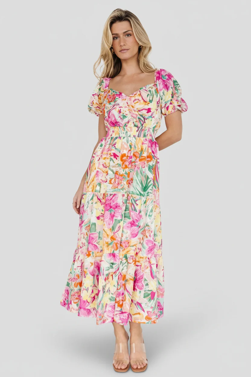 Denzel Puff-Sleeve Midi - Multi Floral