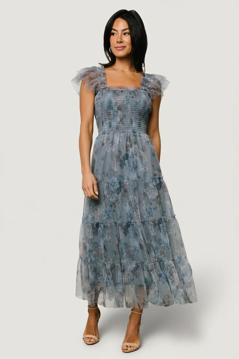 Clementine Tulle Midi Dress - Dusty Blue Floral