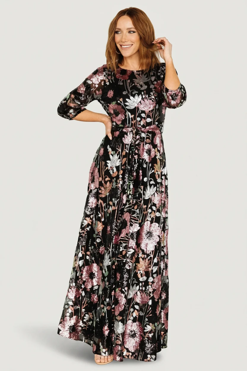 Destiny Sequin Maxi Dress, Black Multi