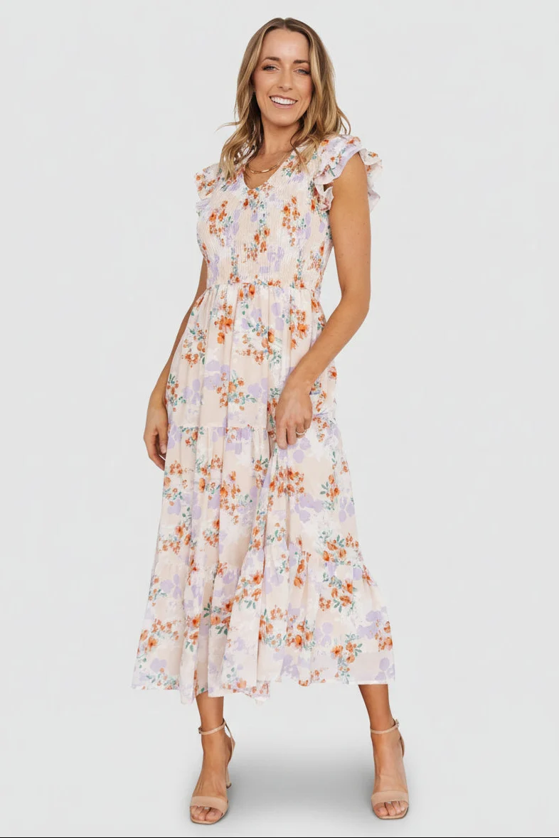Arla Smocked Maxi Dress - Cream Floral