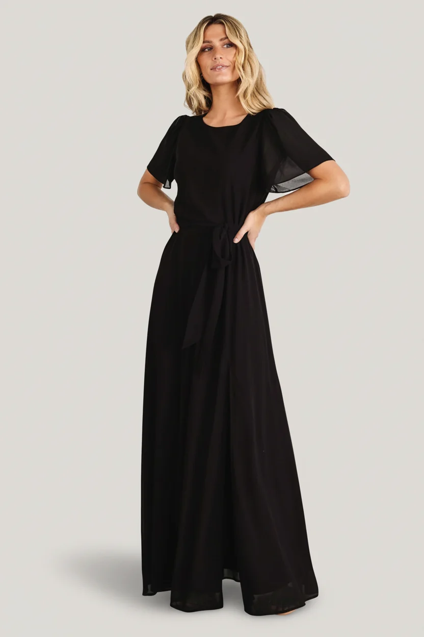 Naomi Chiffon Maxi Dress — Short-Sleeve Black