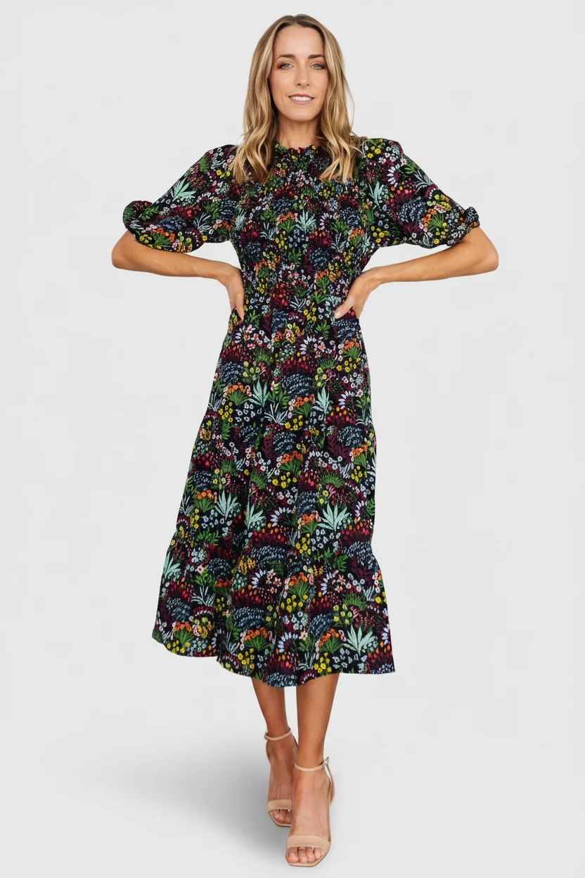 Lena Tiered Midi Dress — Black Multi Floral 17 Lena Tiered Midi Dress — Black Multi Floral