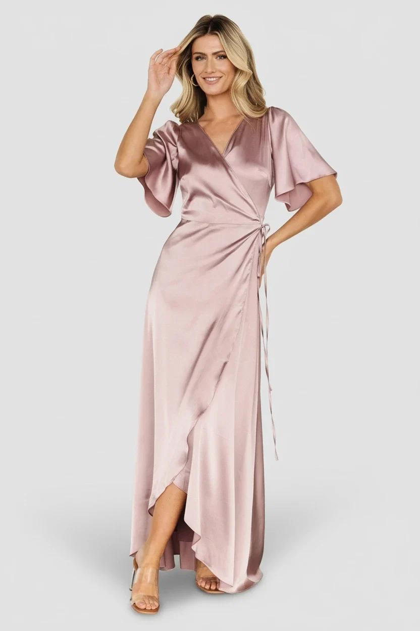 Vara Satin Maxi Wrap Dress — Lilac Wrap Maxi 1 Vara Satin Maxi Wrap Dress — Lilac Wrap Maxi