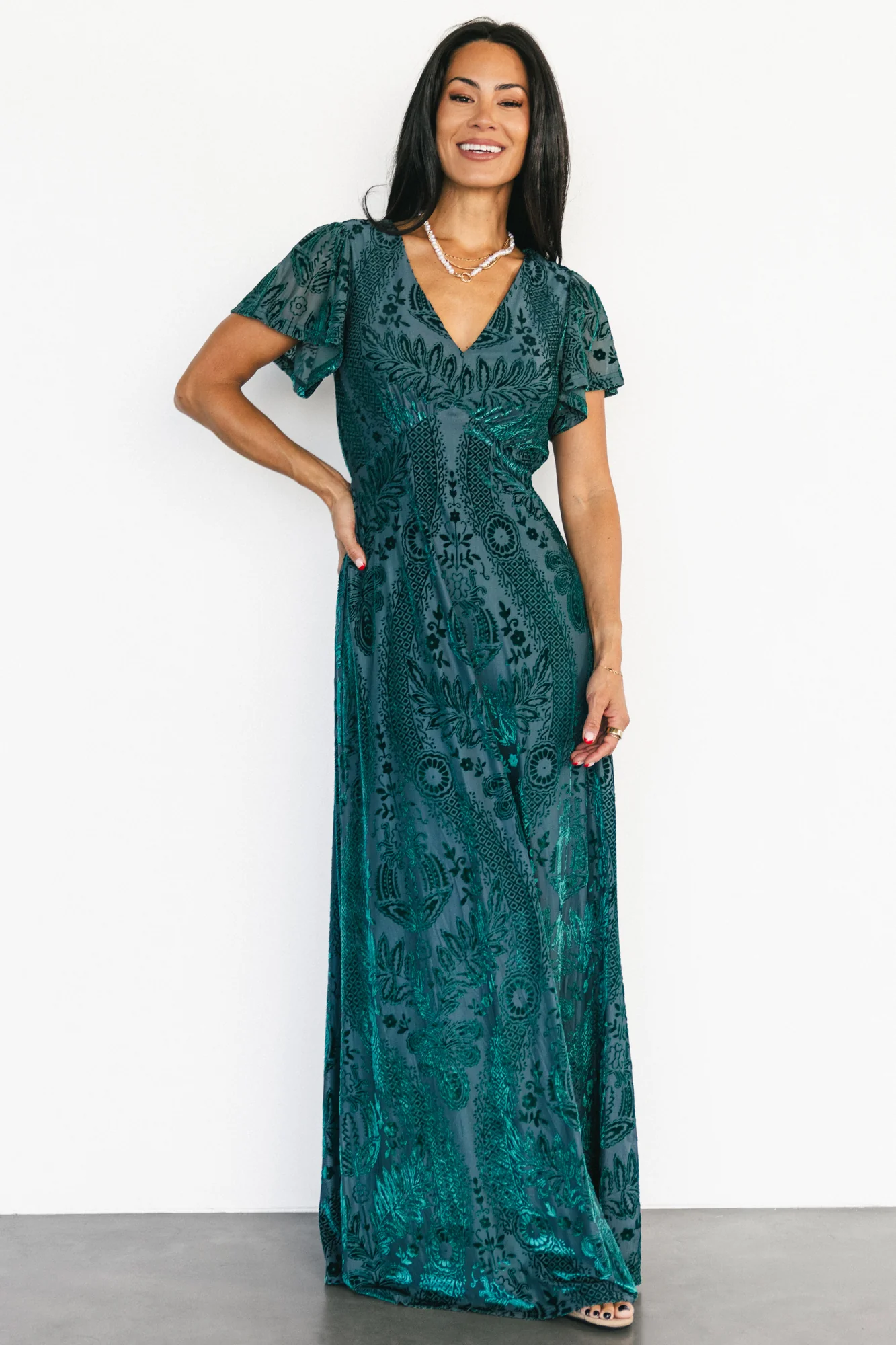 Kimberly Velvet Burnout Maxi Dress in Emerald 1 Kimberly Velvet Burnout Maxi Dress in Emerald