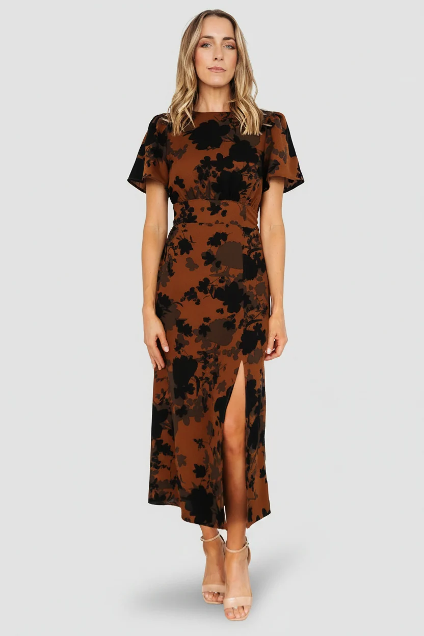 Lenni Midi Dress - Espresso Chiffon Floral
