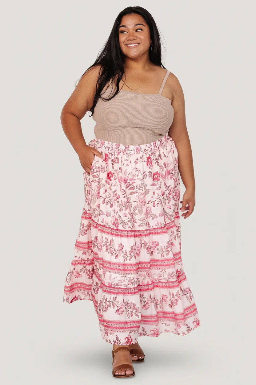 Meg Tiered Midi Skirt - Blush Multi Floral