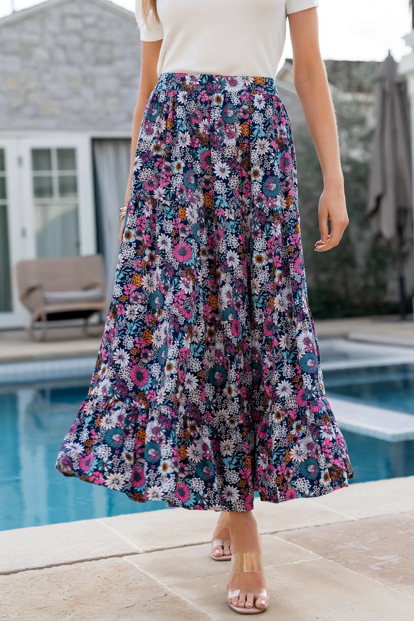 Reilly Maxi Skirt — Navy Flower Print