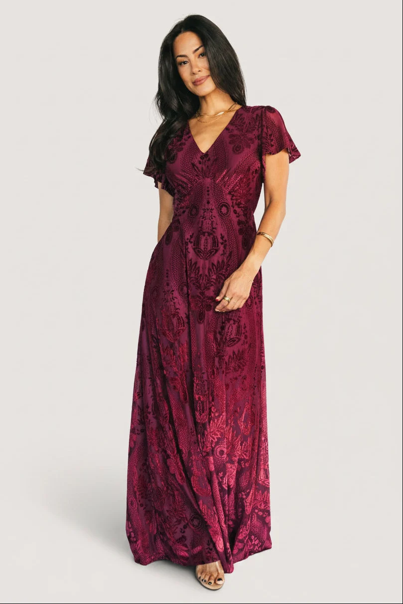 Kimberly Velvet Maxi Dress — Wine Floral Maxi