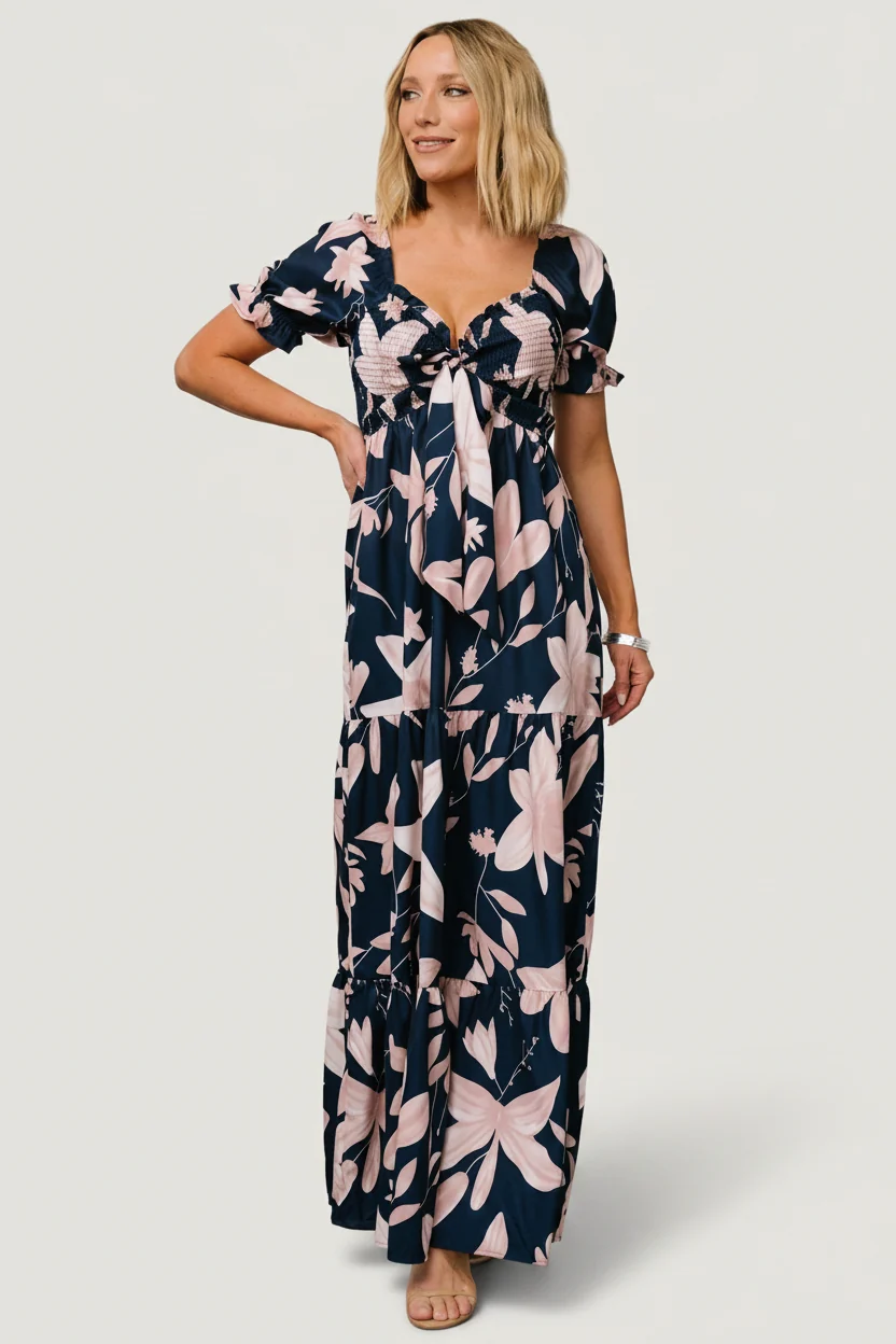 Hilaria Maxi Dress — Navy + Blush, Smocked 1 Hilaria Maxi Dress — Navy + Blush, Smocked