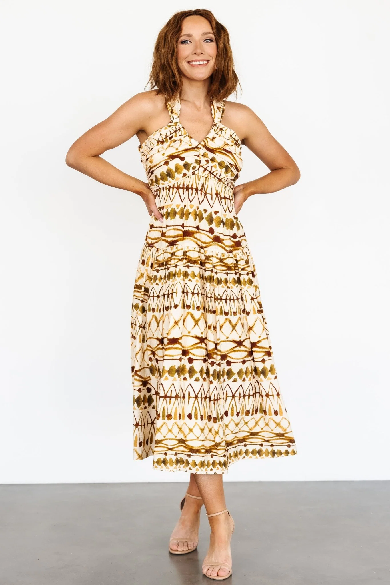 Seraphina Open Back Midi Dress — Tan Multi 1 Seraphina Open Back Midi Dress — Tan Multi