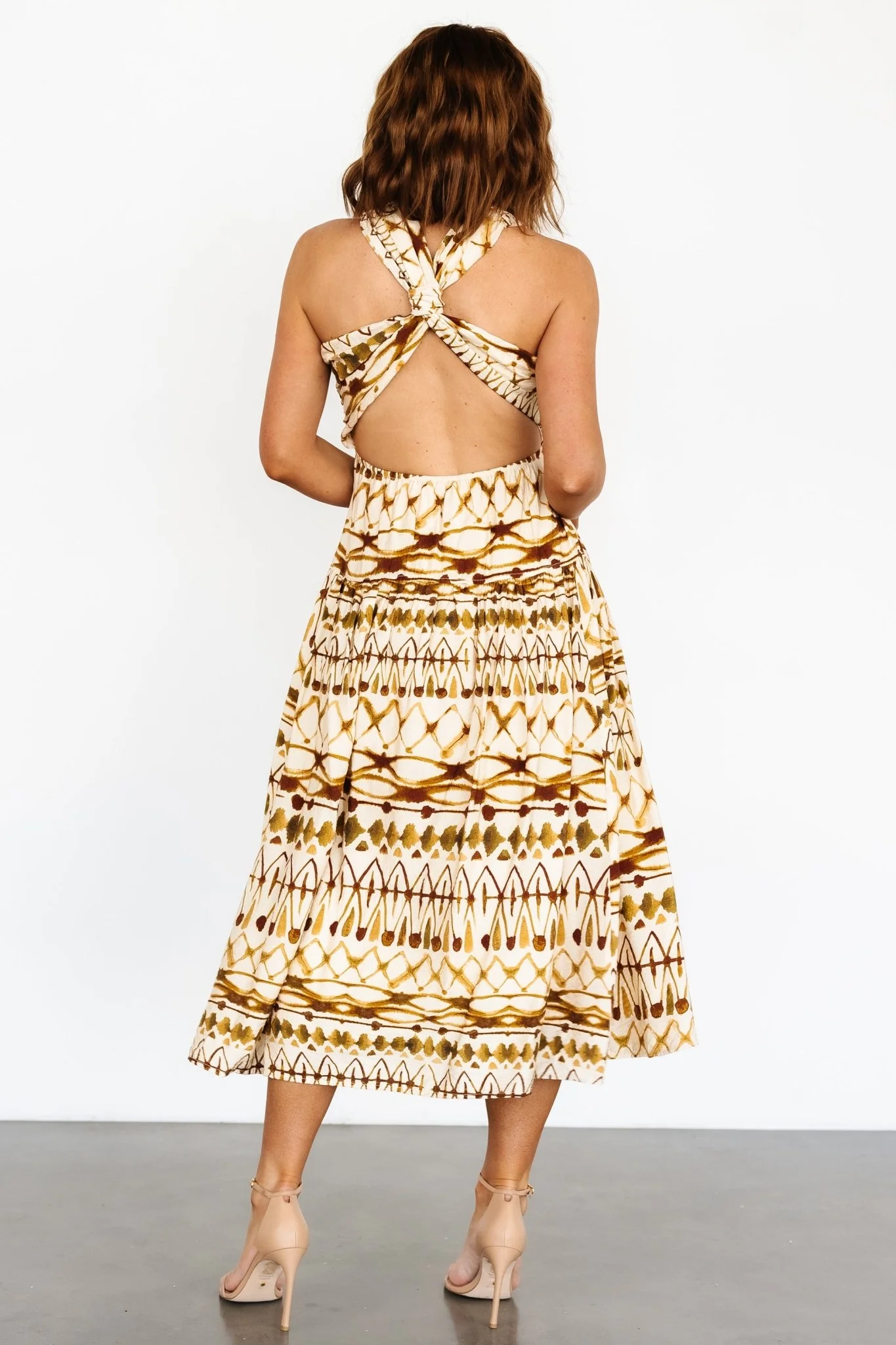 Seraphina Open Back Midi Dress — Tan Multi 2 Seraphina Open Back Midi Dress — Tan Multi